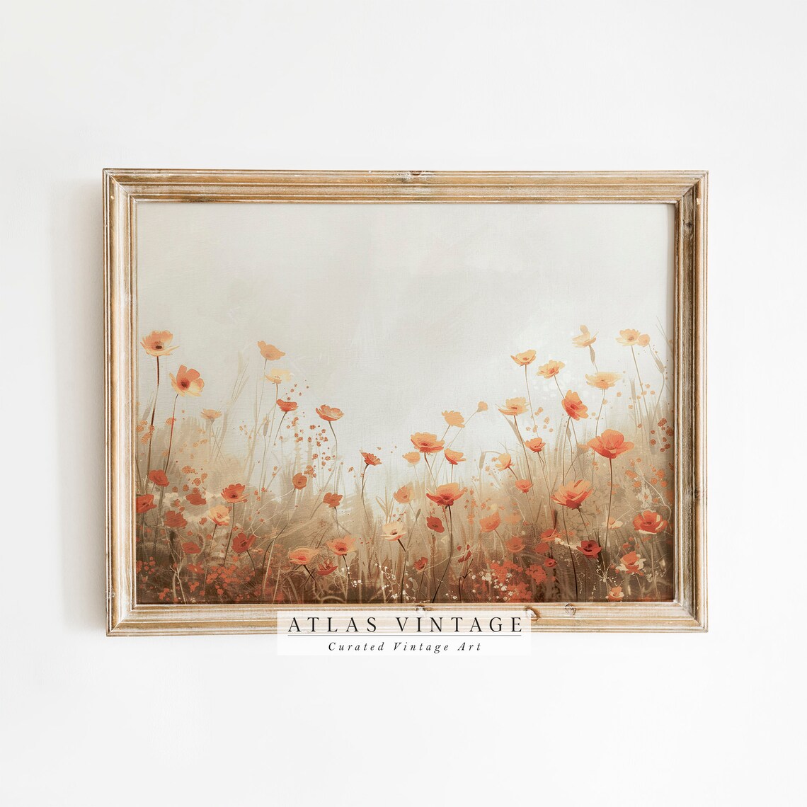Red Poppy Wildflower Meadow Dawn Floral Field Painting Vintage Wall Art