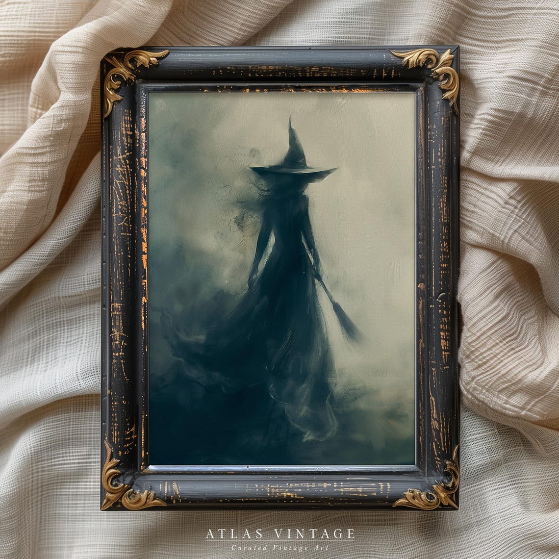 Misty Witch Silhouette Holding Broom in Fog Dark Halloween Poster - Image 3