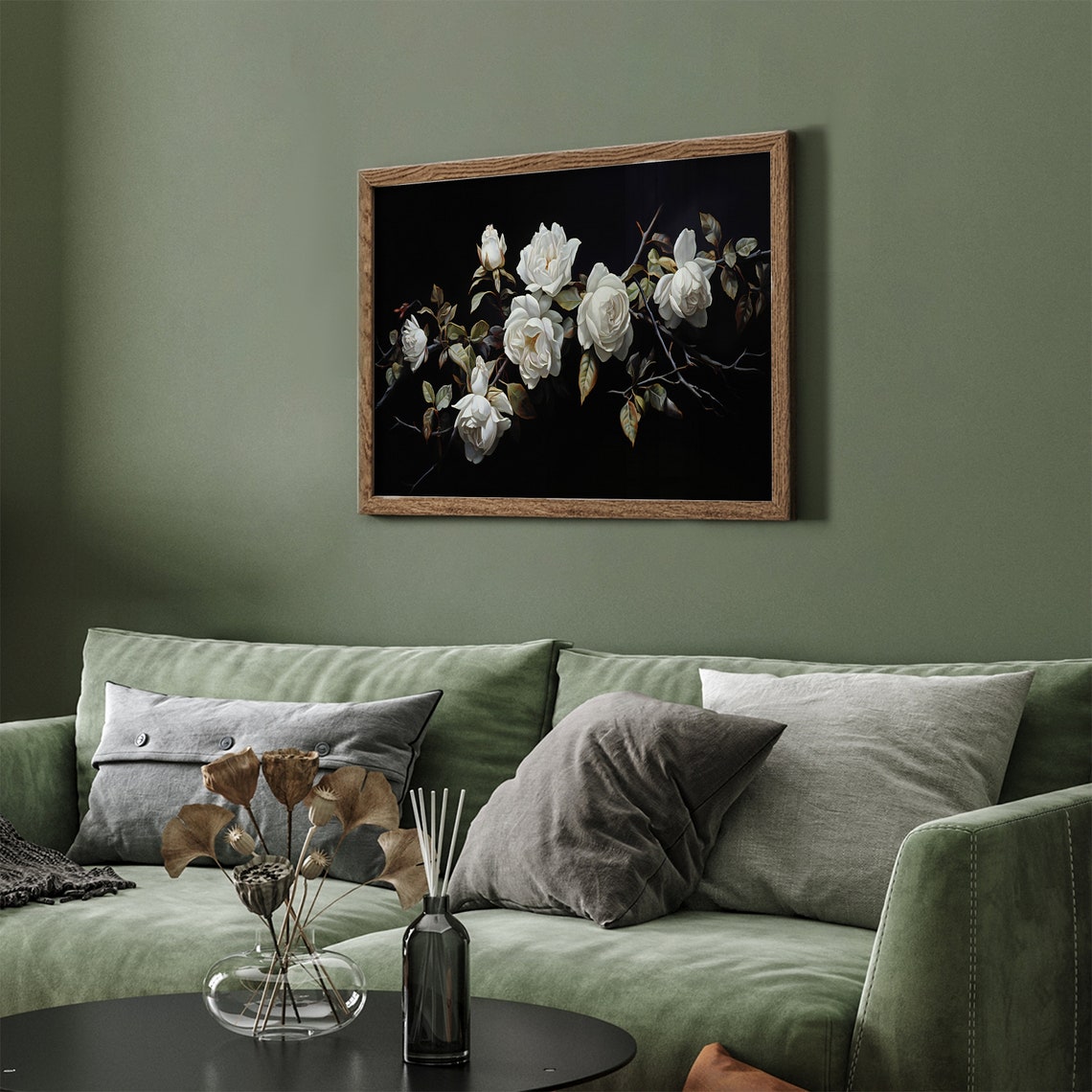 White Roses on Black Background Moody Vintage Floral Art Poster - Image 4