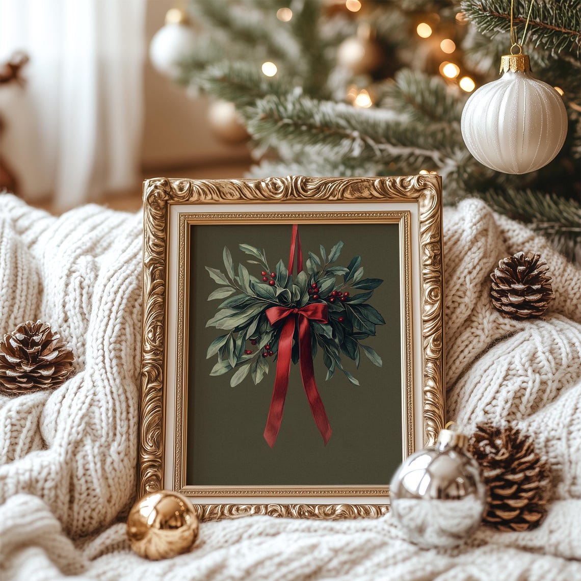 Christmas Mistletoe With Red Ribbon on Olive Green Holiday Poster - Image 7