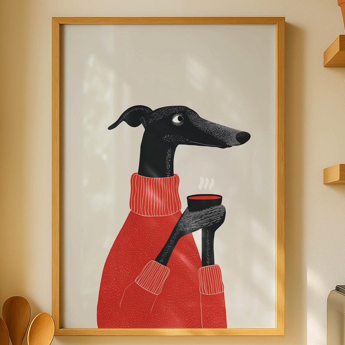 Greyhound Dog In Red Sweater Holding Coffee Cup Quirky Dog Poster