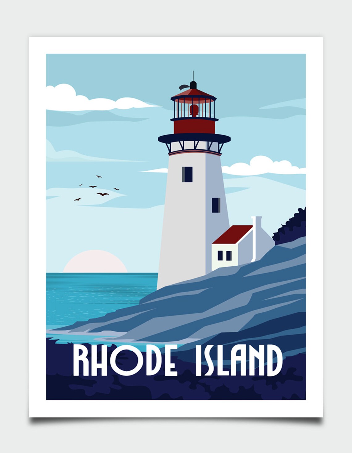 Rhode Island Lighthouse Rocky Coast Sunset Retro Travel Poster - Image 4