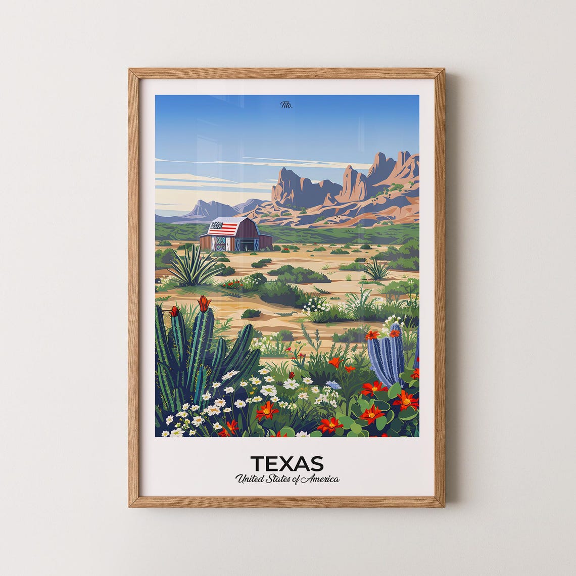 Texas United States Desert Barn Cactus Wildflower Scene Poster