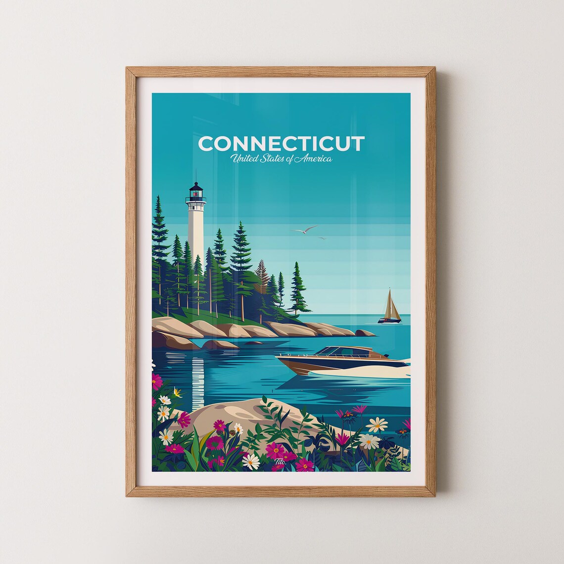 Connecticut Lighthouse Coast Sailboat Cove Vintage Travel Poster