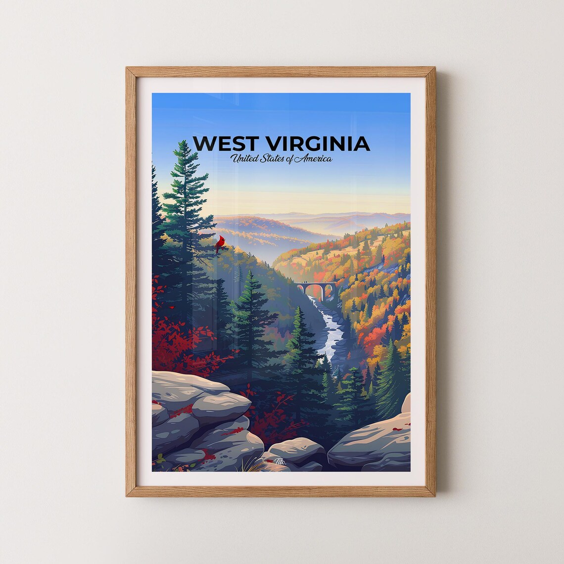 West Virginia Autumn River Valley Fall Foliage Bridge Poster
