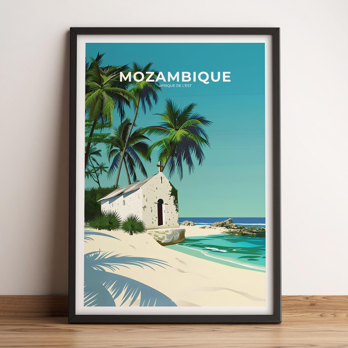 Mozambique Tropical Chapel Serene Beachfront Vintage Travel Poster