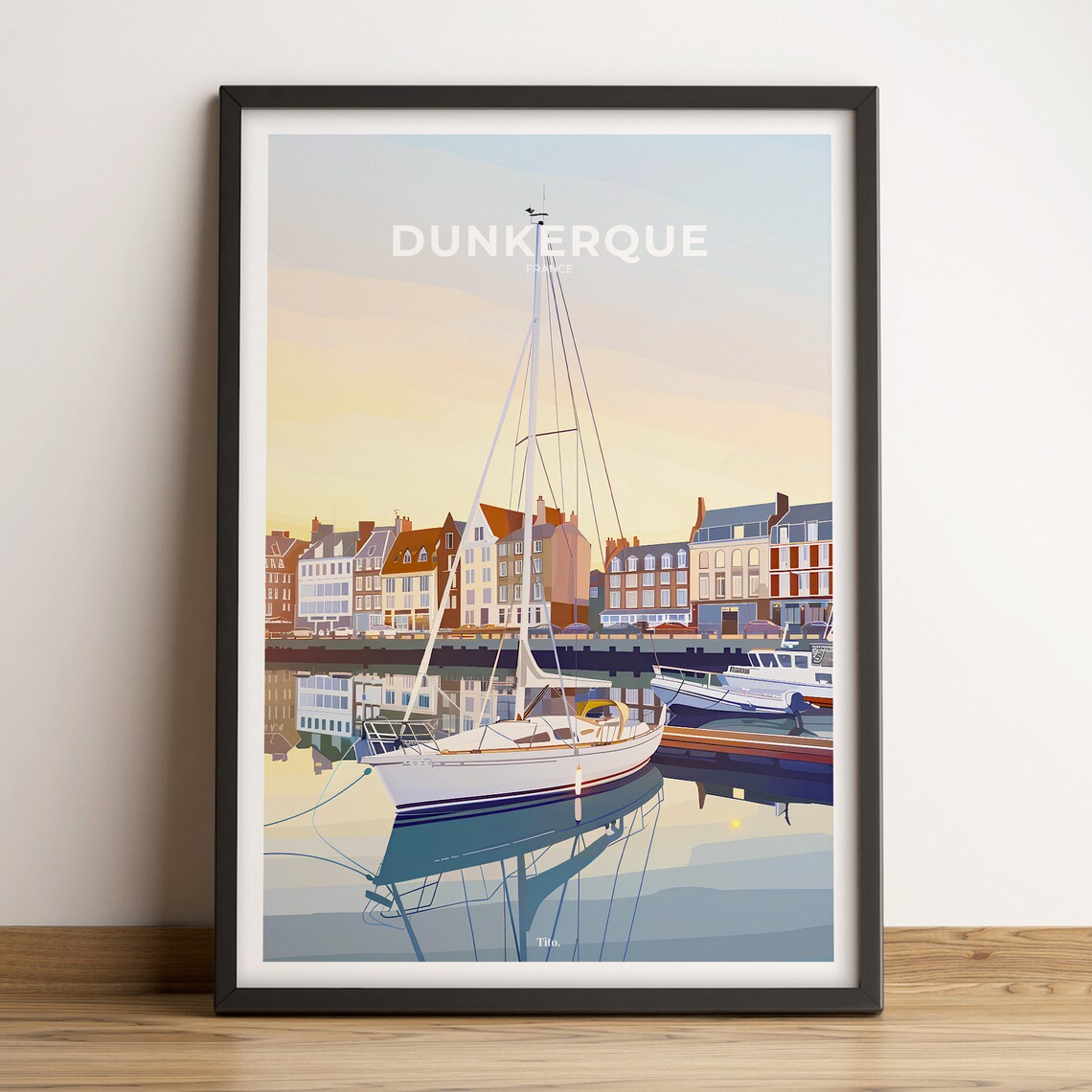 Dunkirk France Old Port Sailboat Harbor Reflection Travel Poster