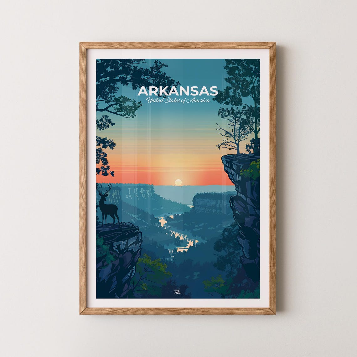 Arkansas Deer Silhouette Cliff Sunset River Valley Travel Poster