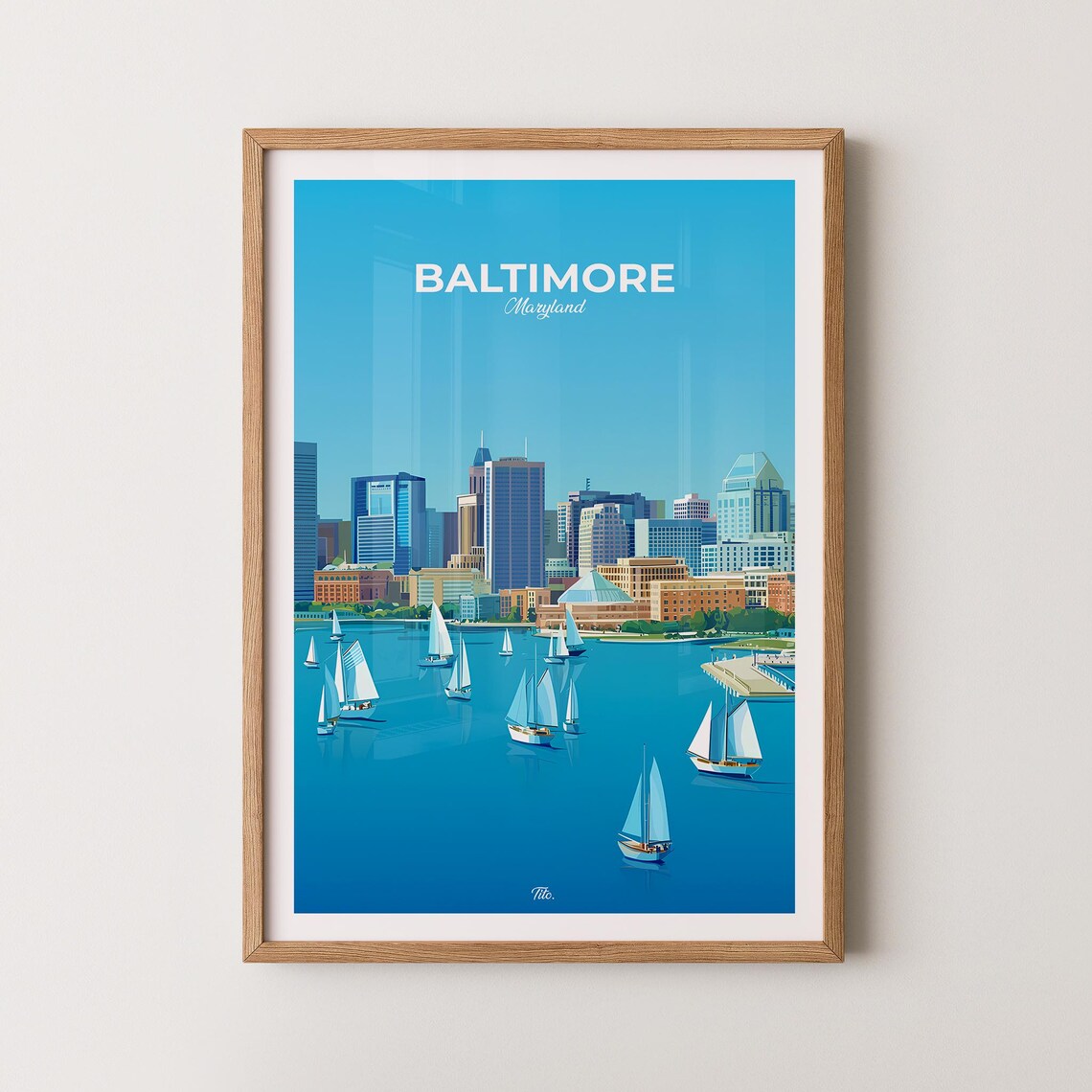 Baltimore Maryland Harbor Skyline Sailboats Waterfront Travel Poster