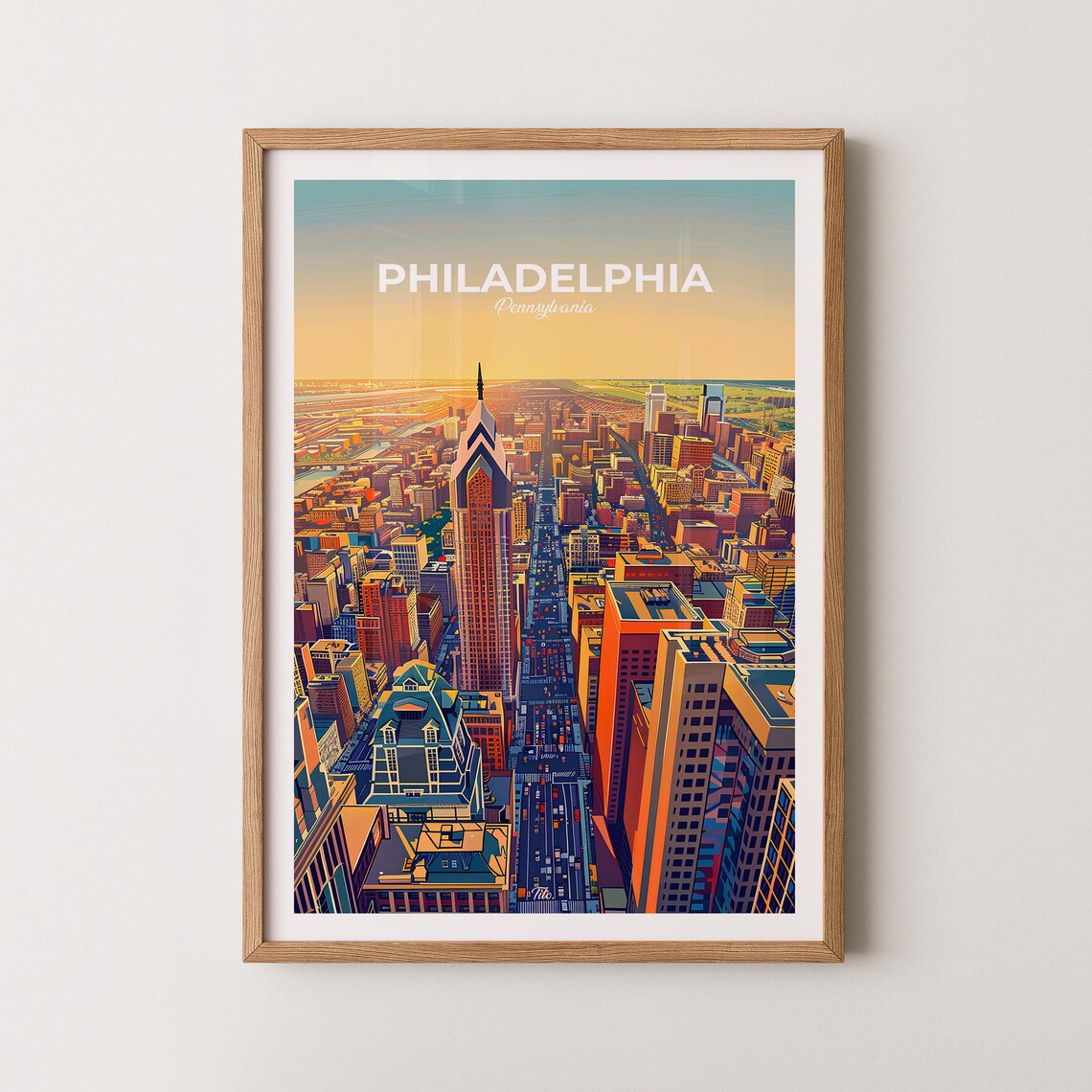 Philadelphia Pennsylvania Downtown Sunset Skyline Travel Poster