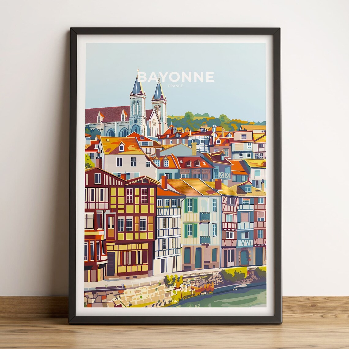 Bayonne France Cathedral Riverside Vintage Travel Poster Art