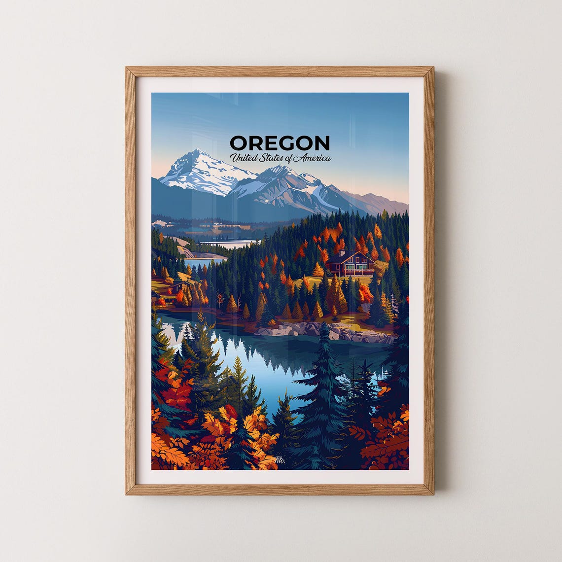 Oregon Snowy Peak Lake Lodge Fall Pines Vintage Travel Poster