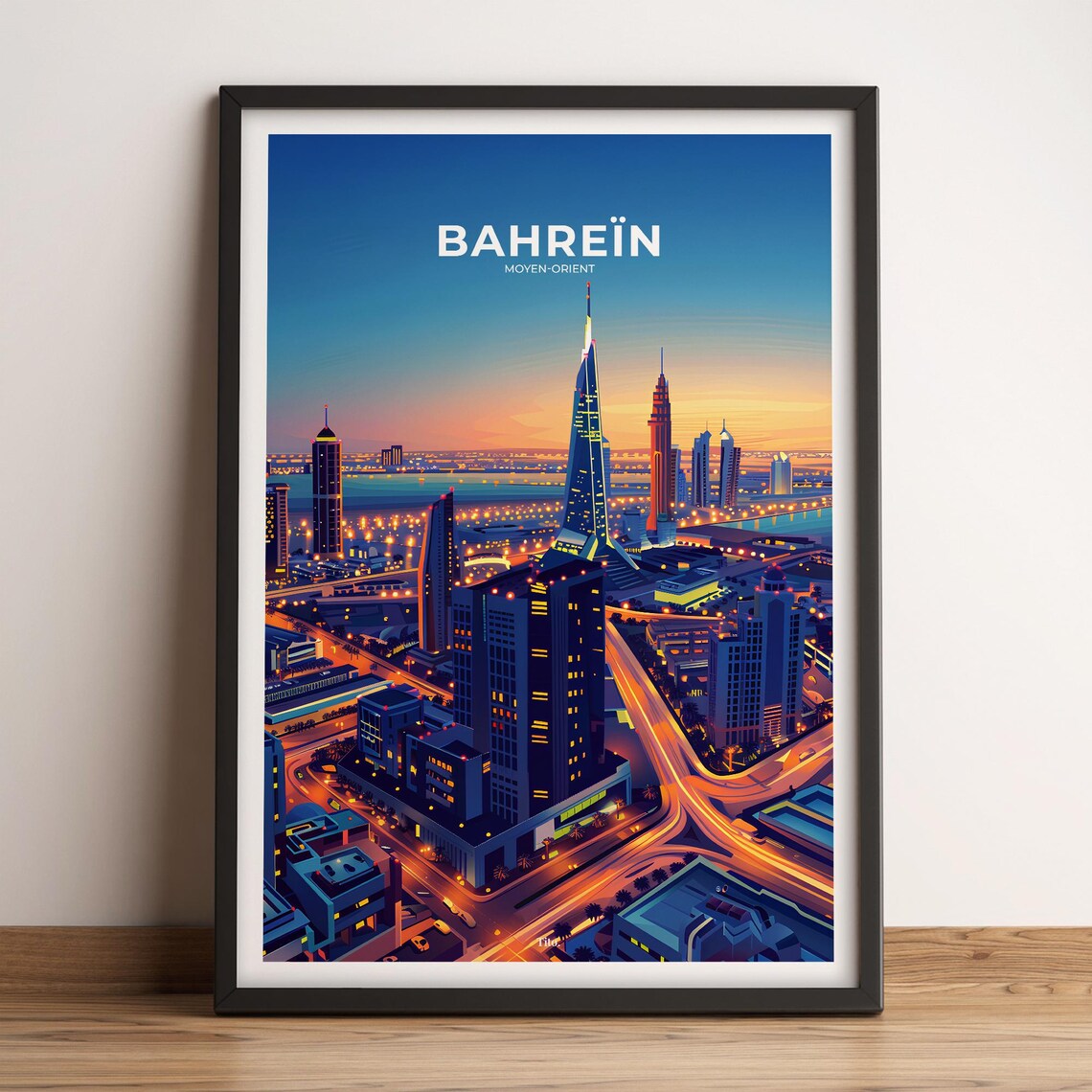 Bahrain Night City Lights Skyline Vintage Travel Poster Decor