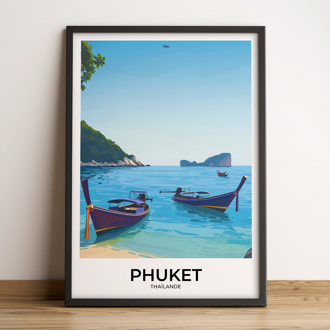 Phuket Thailand Longtail Boats Beach Bay Illustrated Travel Poster