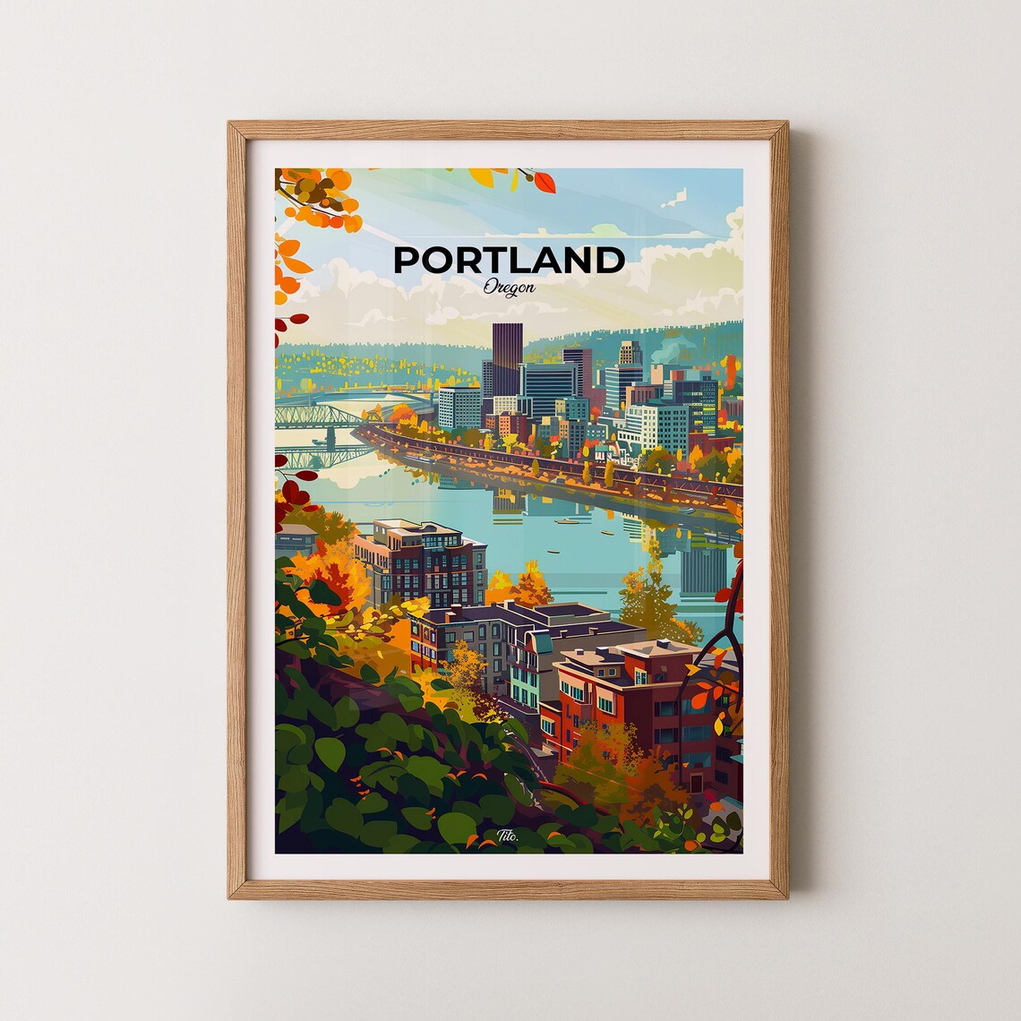 Portland Oregon River Bridges Skyline Autumn Vintage Travel Poster