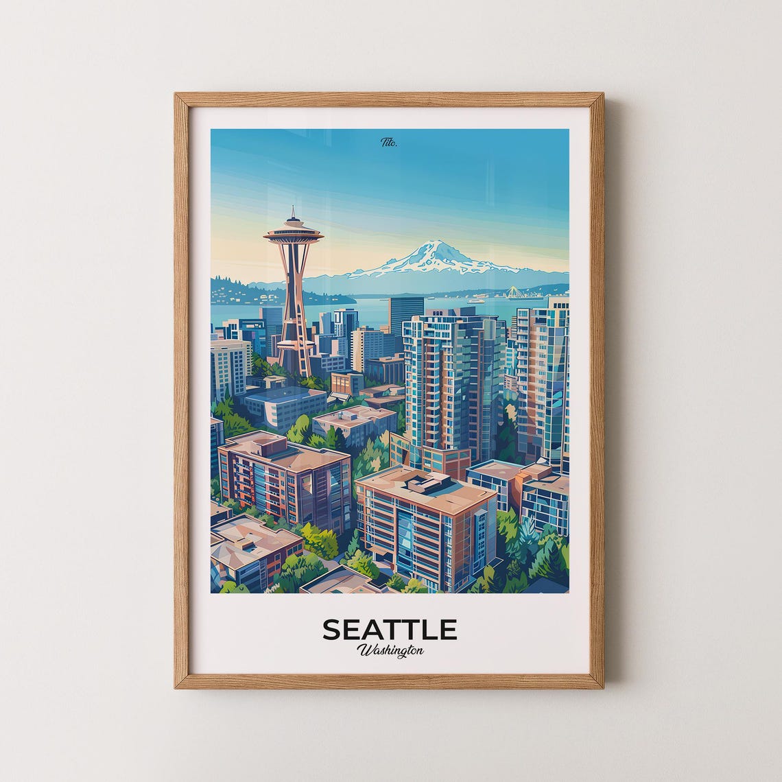 Seattle Space Needle and Rainier Minimal Caption Travel Poster