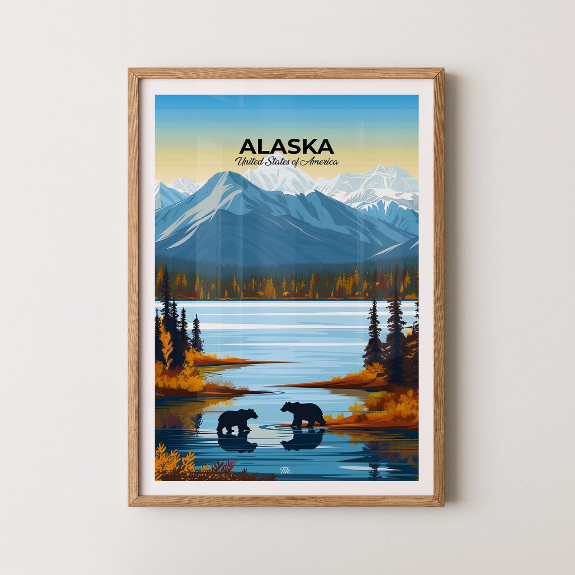 Alaska Bears Wading Lake Before Snowy Mountain Sunset Poster