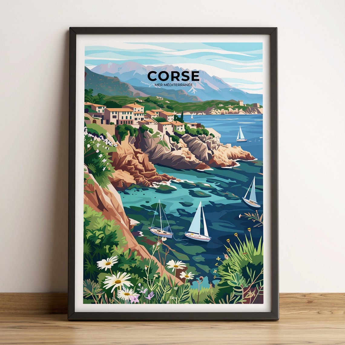 Corsica Mediterranean Cliffside Village Sailboat Cove Travel Poster