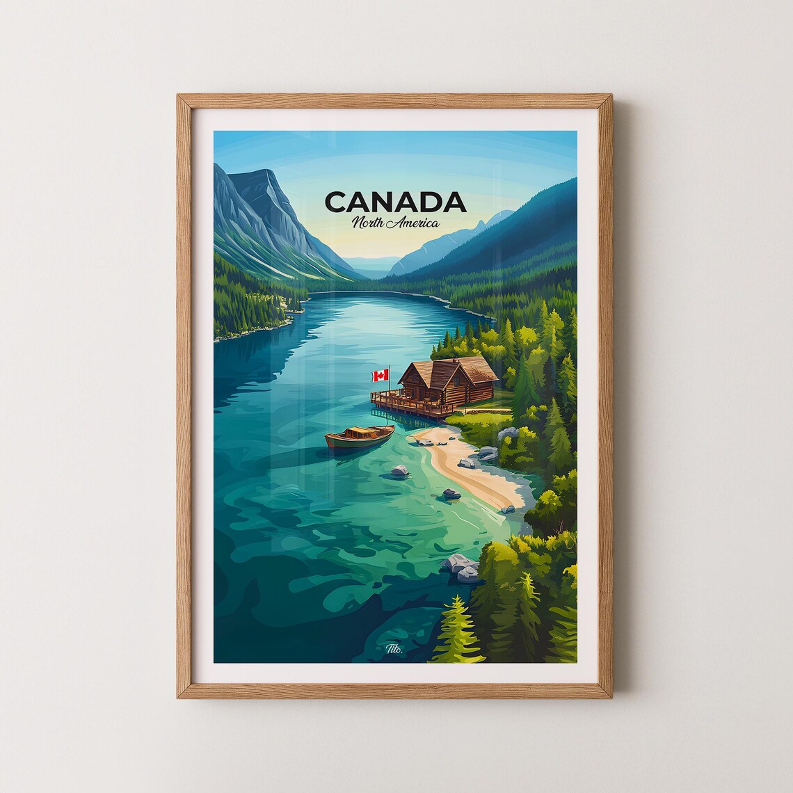 Canada Mountain Lake Log Cabin Canoe Reflection Travel Poster