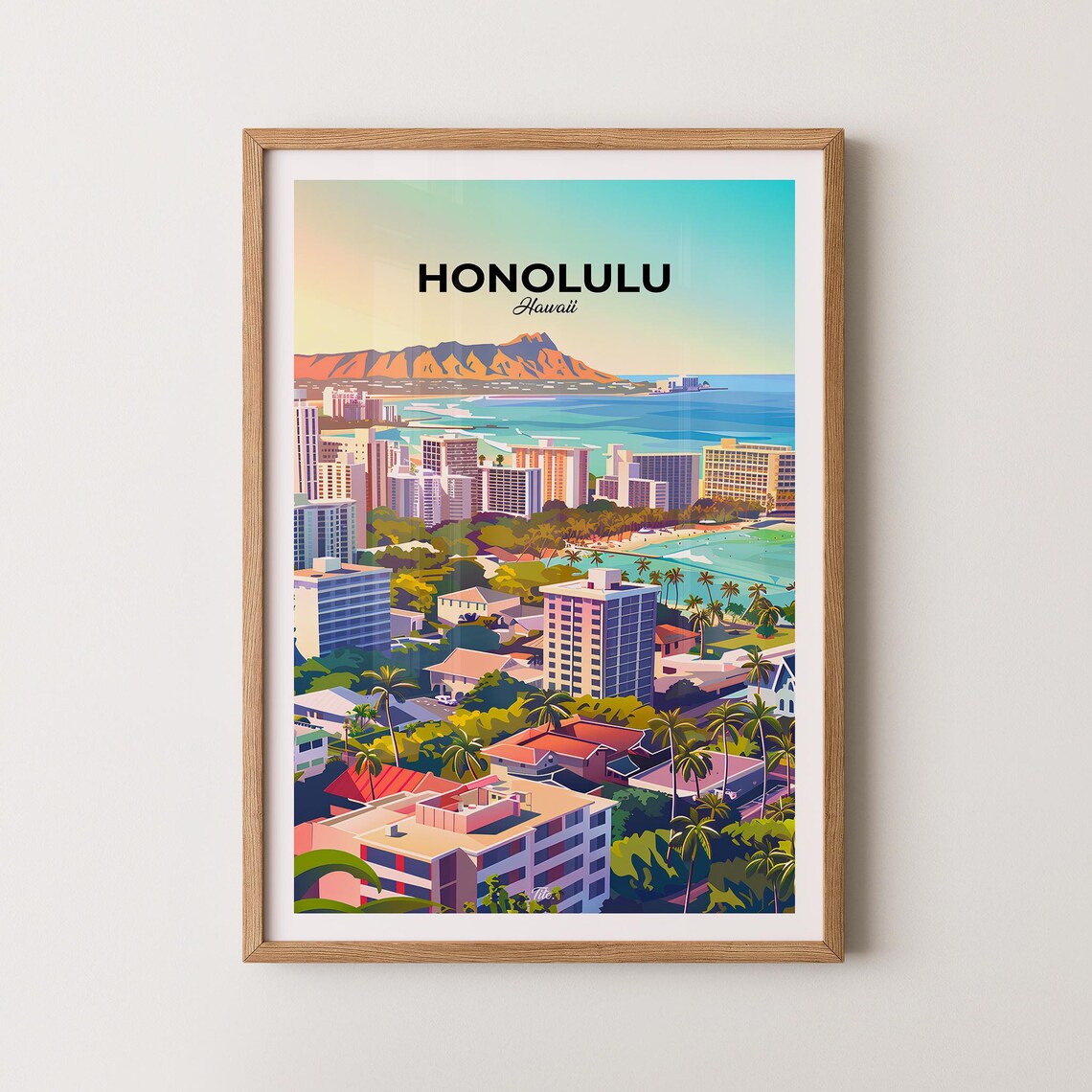 Honolulu Hawaii Waikiki Diamond Head Cityscape Travel Poster