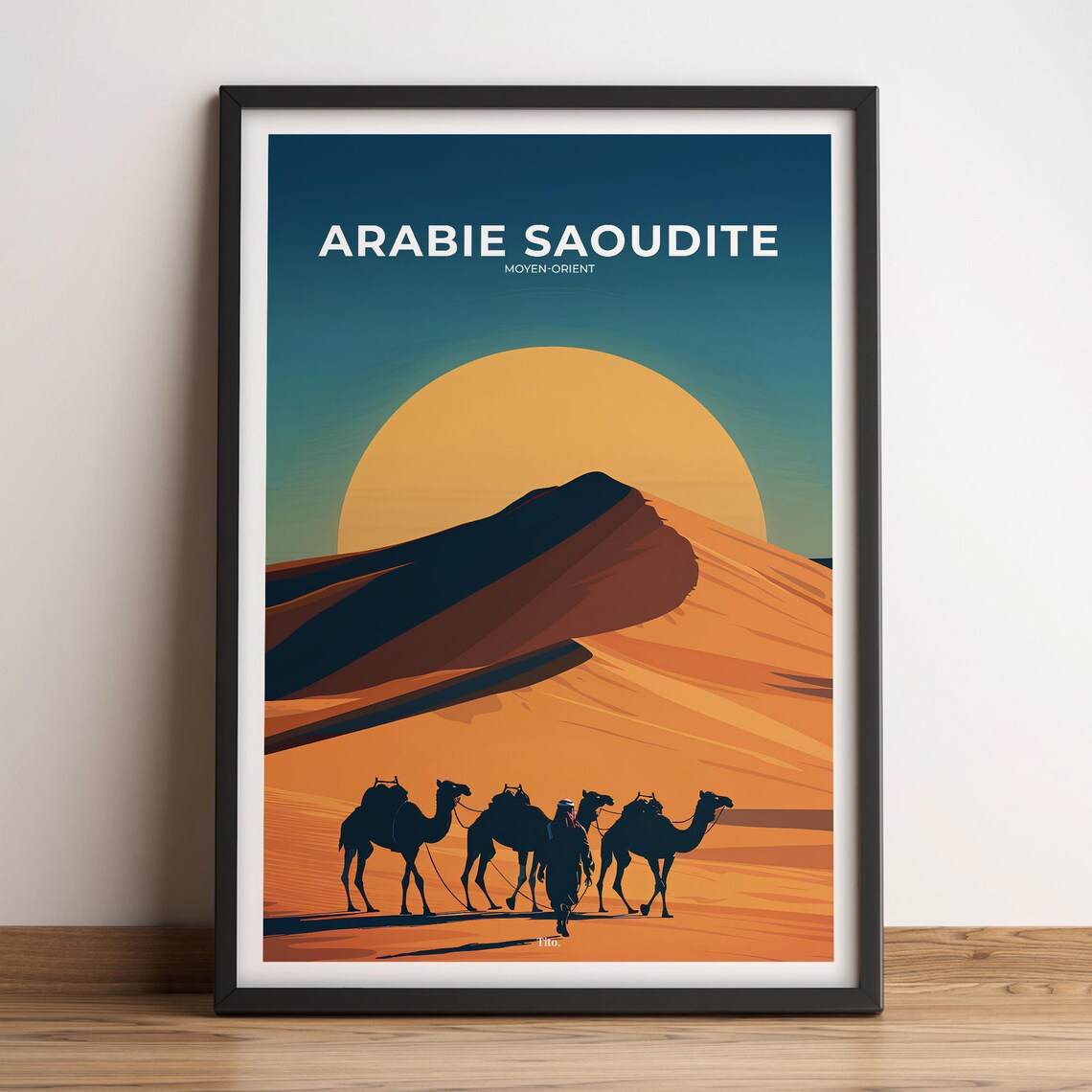 Saudi Arabia Golden Desert Dunes Camel Caravan Travel Poster Art