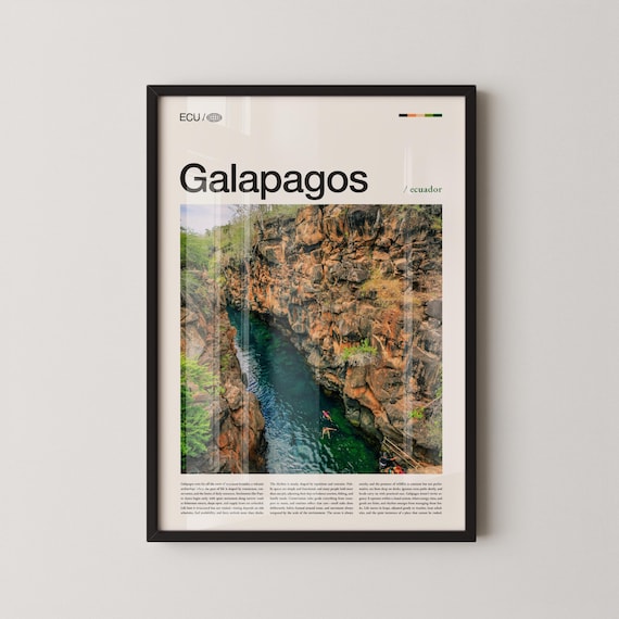 Galapagos Ecuador Volcanic Canyon Channel Aerial Travel Poster