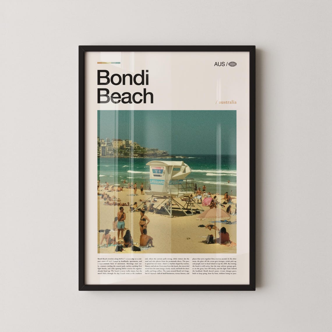 Bondi Beach Lifeguard Tower Crowded Summer Day Scene Travel Poster