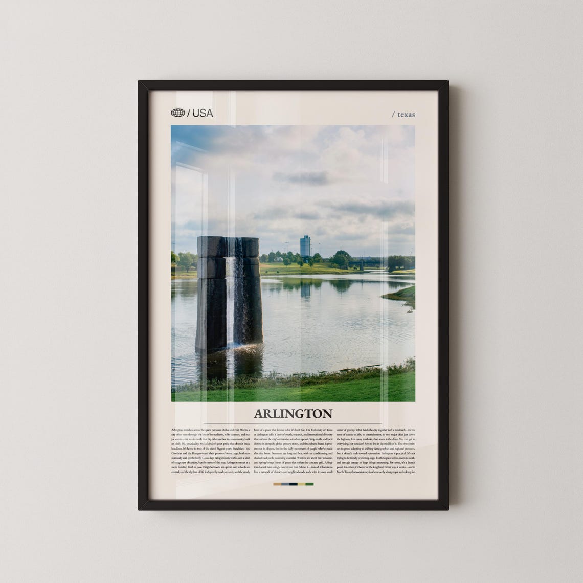 Arlington Texas Lakeside Waterfall Sculpture Modern Travel Poster