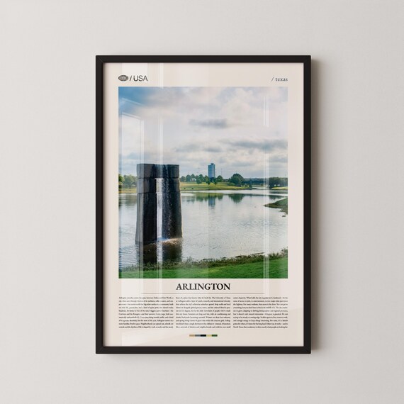 Arlington Texas Lakeside Waterfall Sculpture Modern Travel Poster