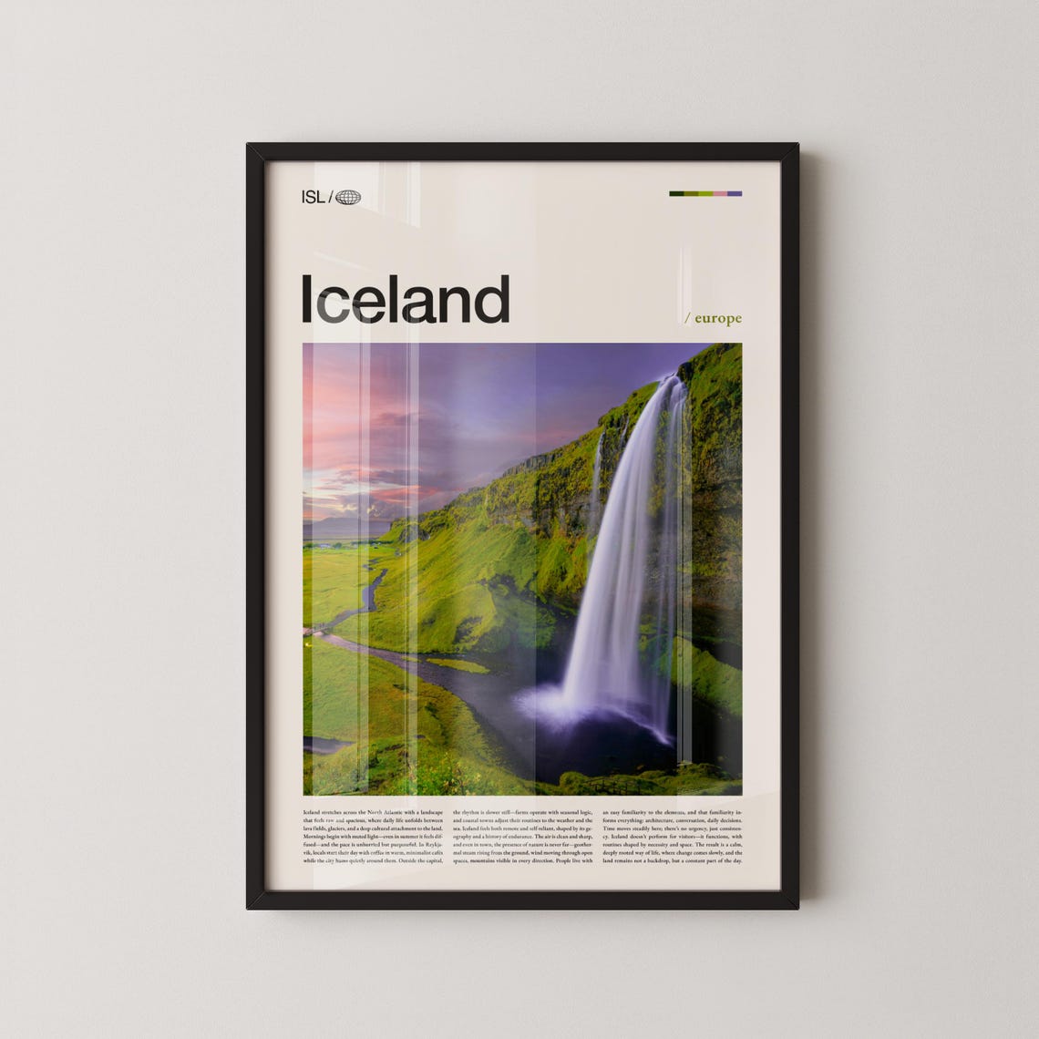 Iceland Waterfall Mossy Cliffs Pink Sky Top Header Travel Poster