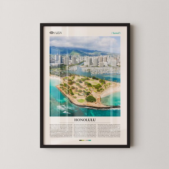Honolulu Hawai'i Harbor Marina Aerial View Modern Travel Poster