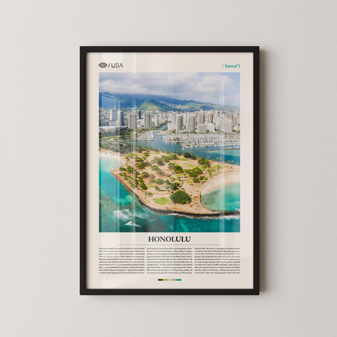 Honolulu Hawai'i Harbor Marina Aerial View Modern Travel Poster