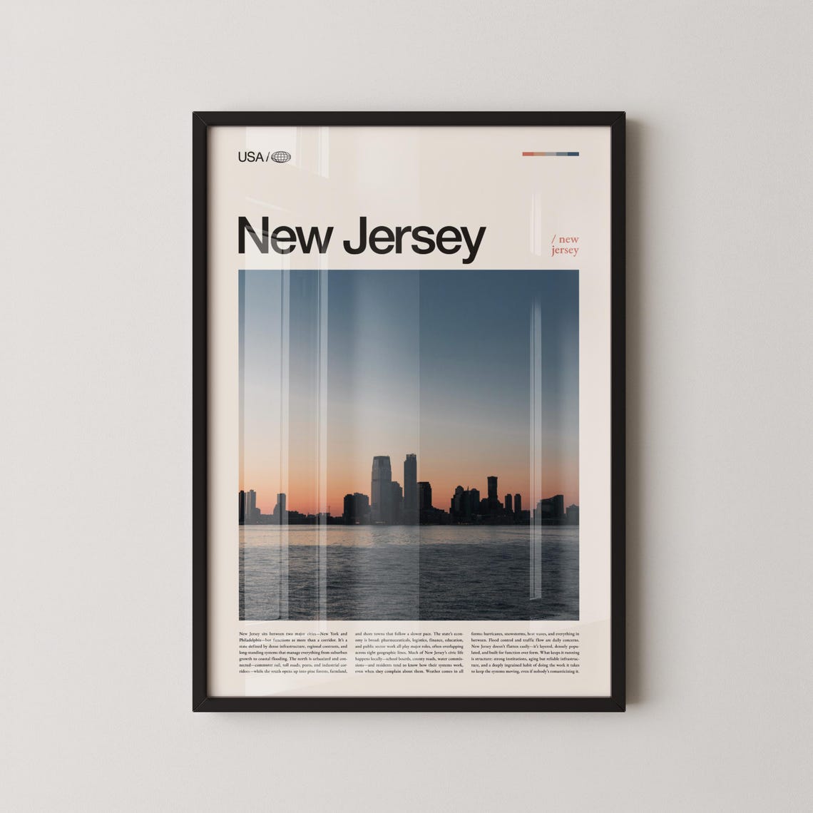 New Jersey City Skyline Across Water at Sunset Travel Poster