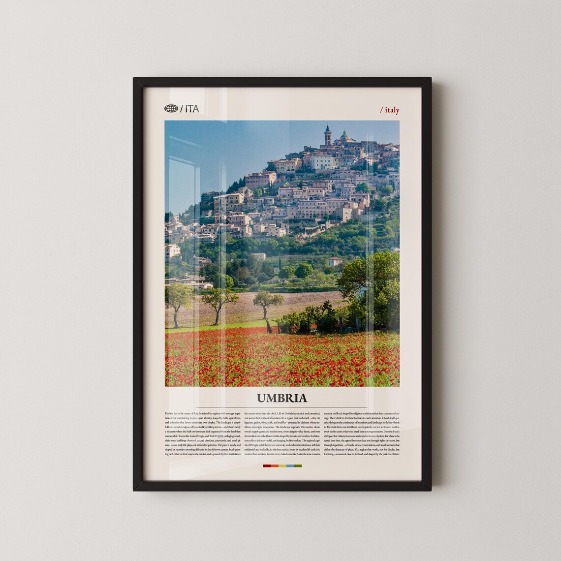 Umbria Italy Hill Town Red Poppy Field Photography Travel Poster