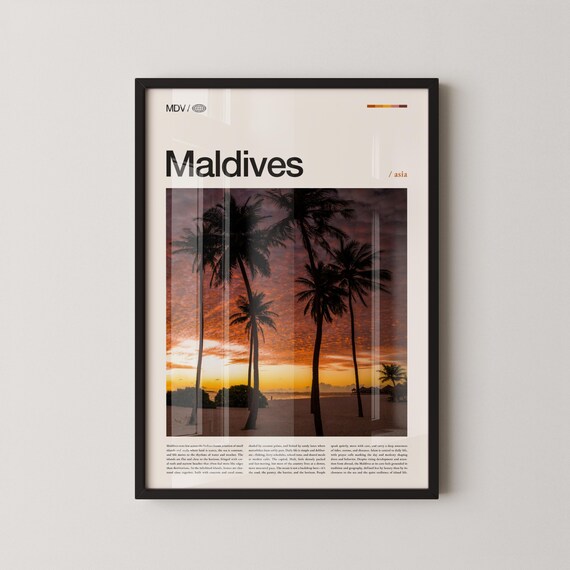 Maldives Wall Art Tropical Island And Overwater Bungalow Print Poster Scenic Ocean Photography Beach Paradise Decor