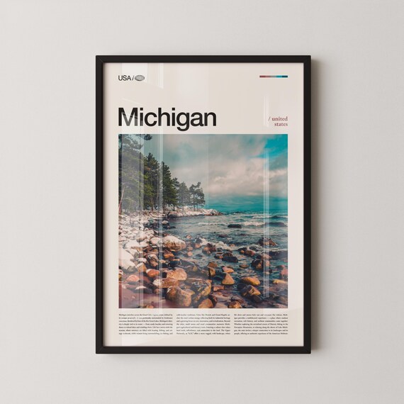 Michigan Rocky Shoreline Great Lakes Wave Landscape Travel Poster