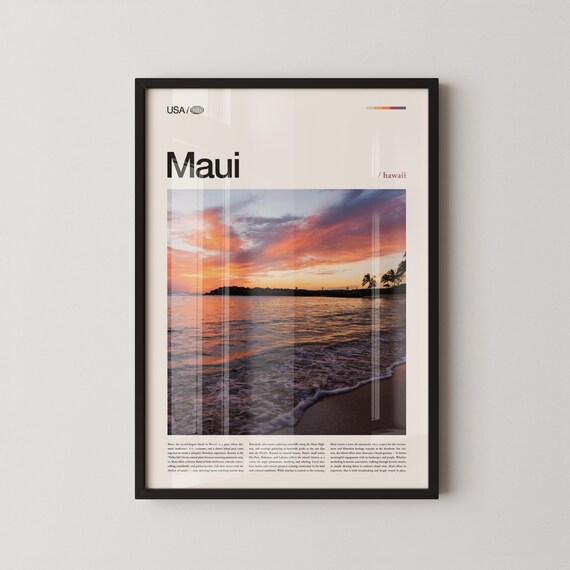 Maui Hawaii Sunset Waves Palm Trees Tropical Beach Photo Poster