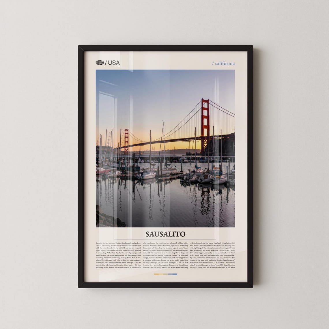 Sausalito California Golden Gate Bridge Harbor Sunset Travel Poster