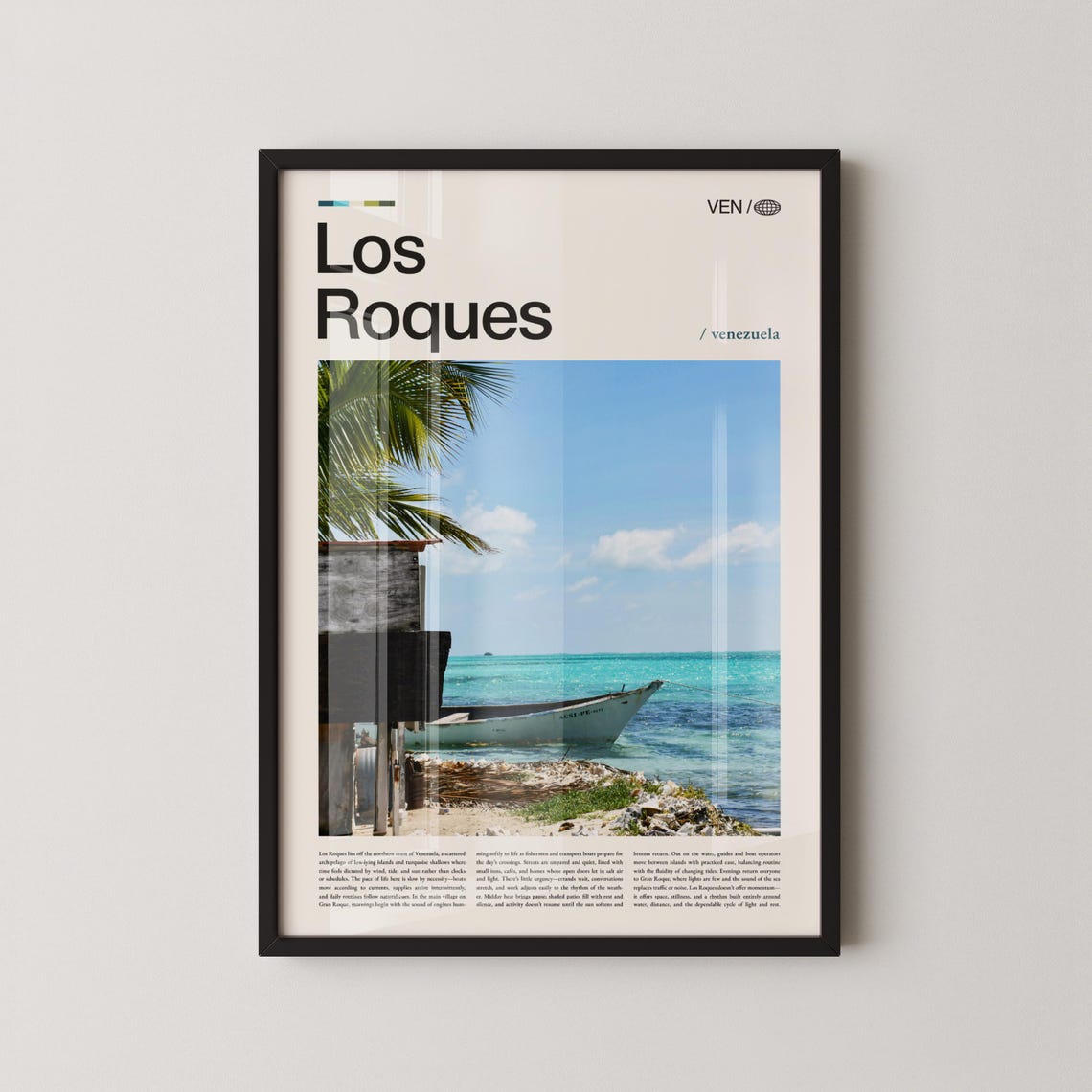 Los Roques Venezuela Boat Palm Modern Editorial Travel Poster