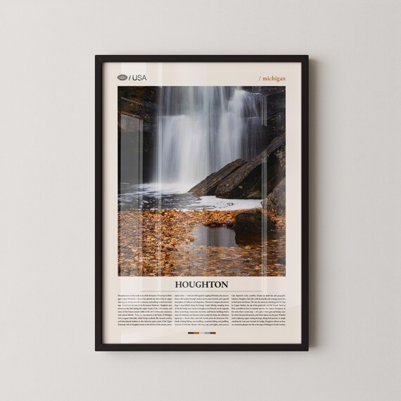 Houghton Michigan Autumn Waterfall Keweenaw Peninsula Travel Poster