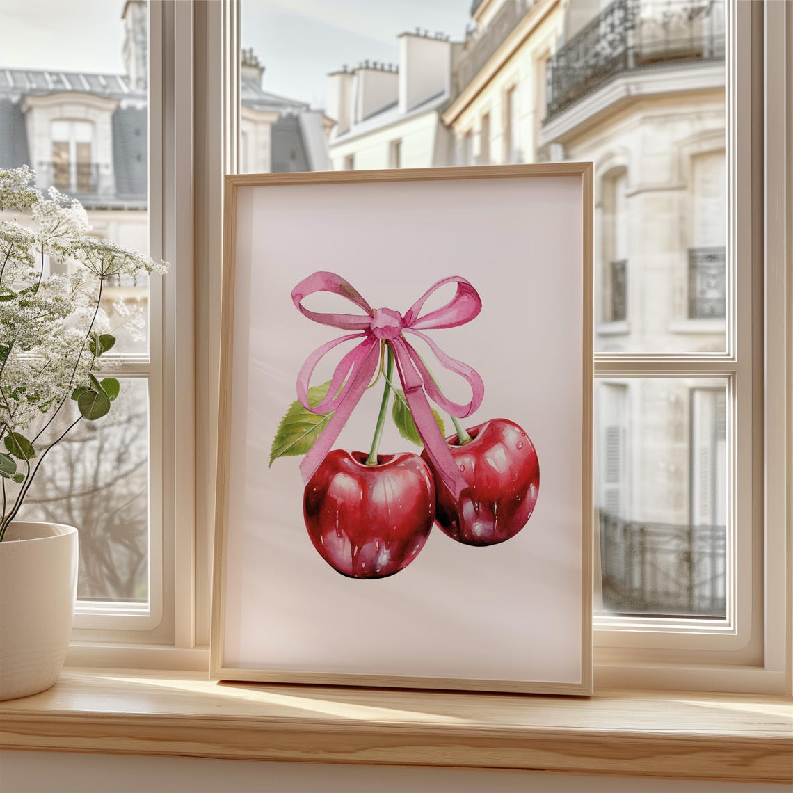 Pink Bow Red Cherries Watercolor Trendy Coquette Room Poster - Image 2