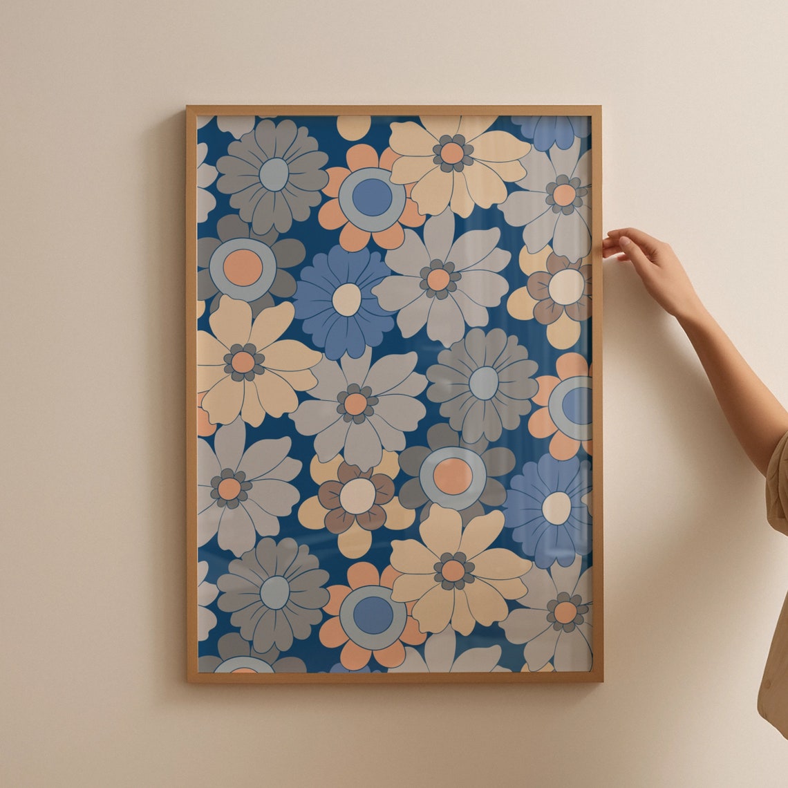 Blue Retro Flower Pattern Groovy Daisy 70s Floral Wall Decor Poster - Image 4
