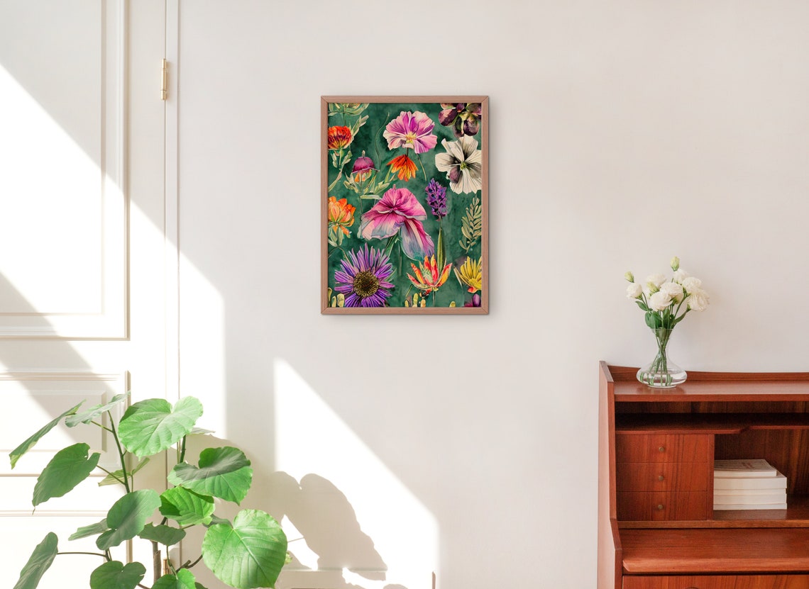 Painterly Floral Bouquet Poster Moody Dark Green Botanical Art Decor - Image 2