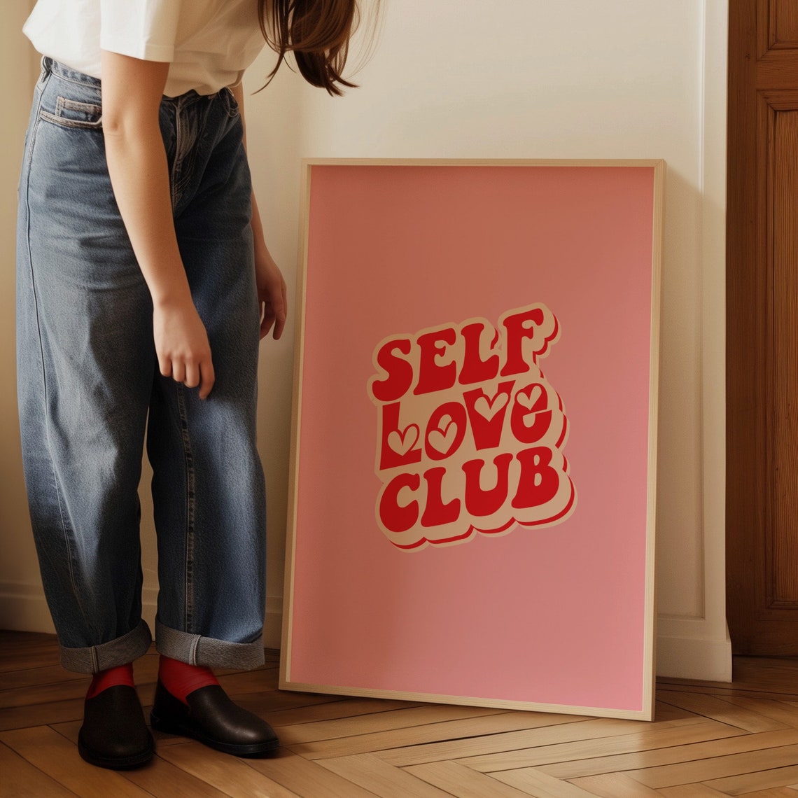 Self Love Club Retro Quote Poster Pink Red Groovy Wall Decor Gift - Image 4
