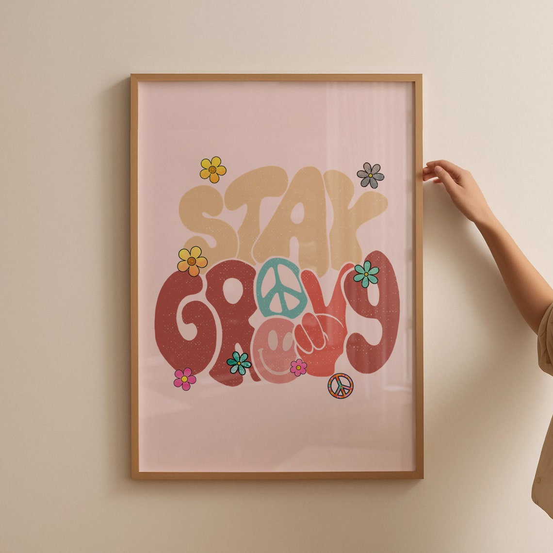 Stay Groovy Bold 70s Peace Sign Smiley Retro Hippie Quote Poster - Image 4