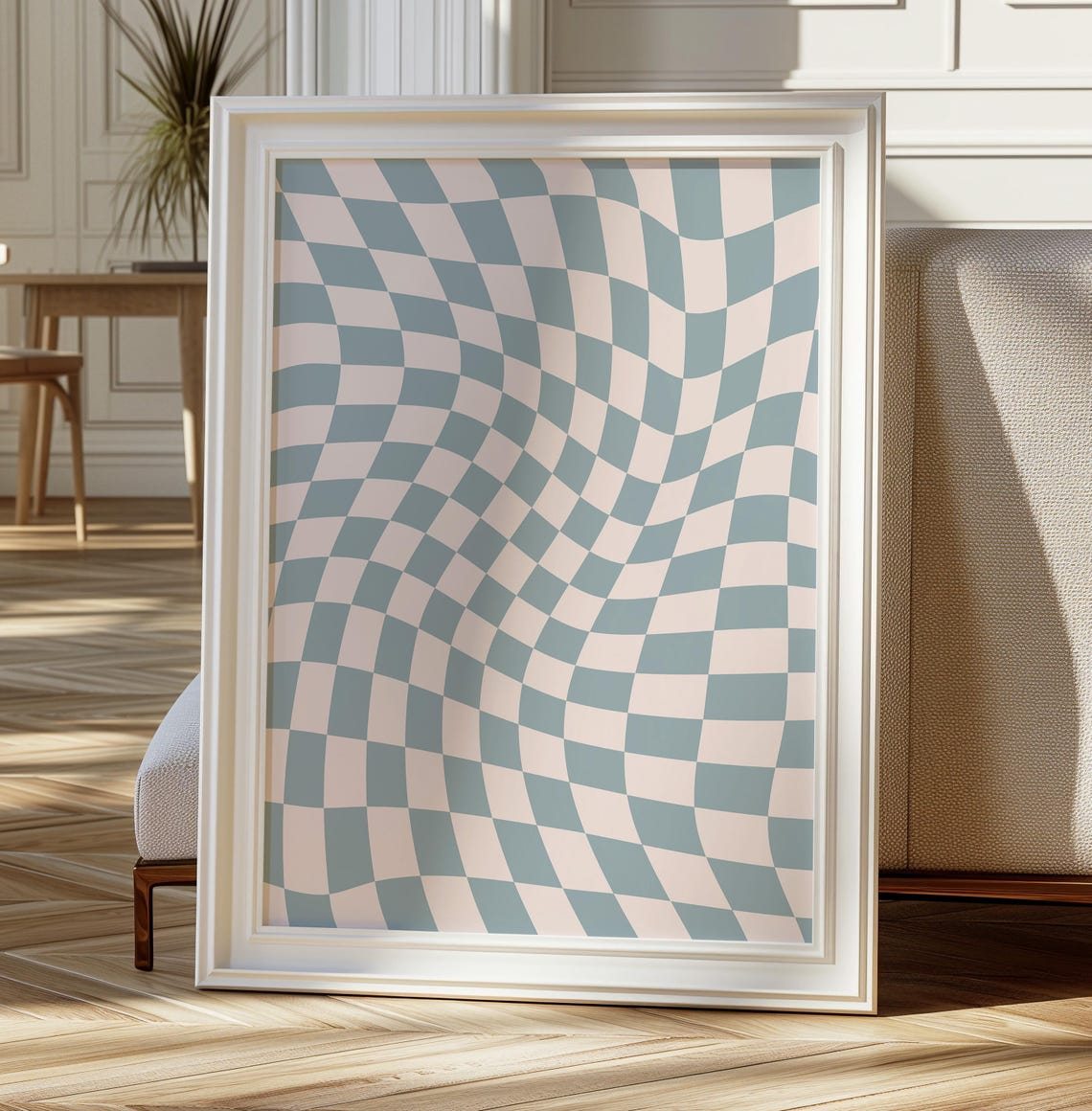 Wavy Checkerboard Pattern Pastel Blue Pink Retro Abstract Poster - Image 4