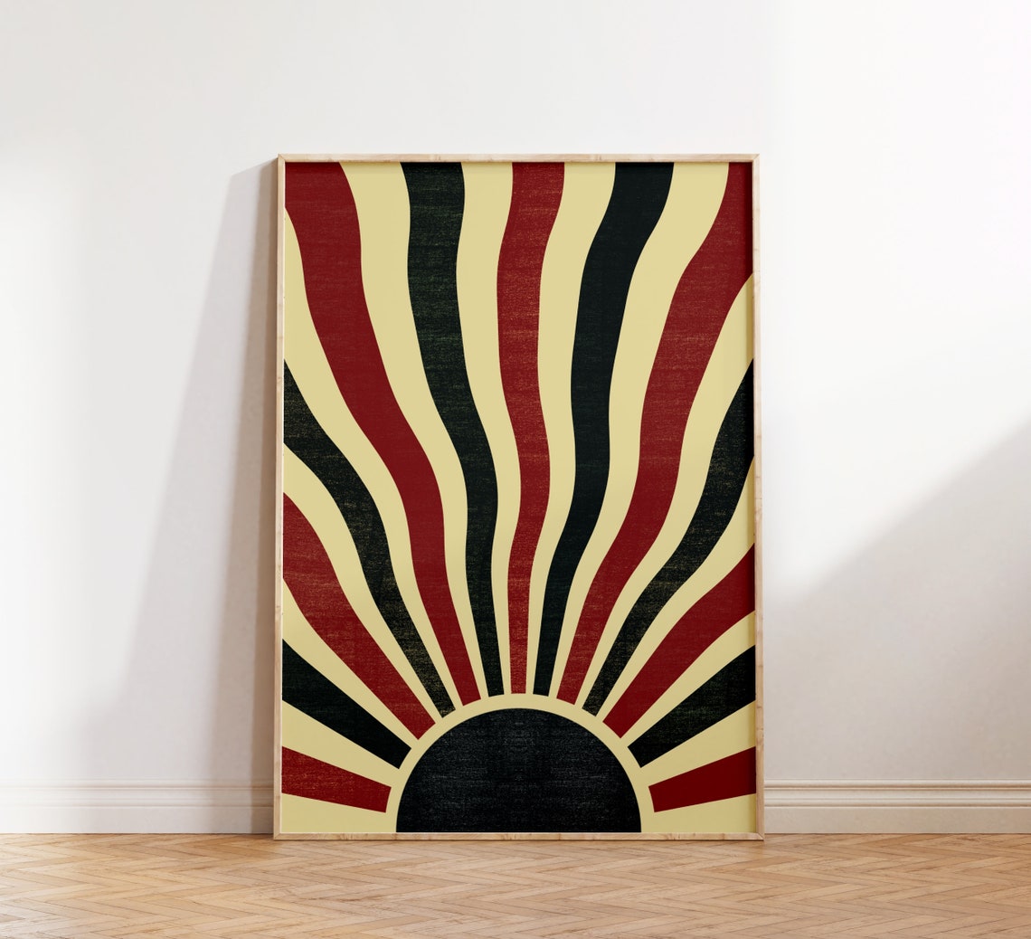 Bold Geometric Sunrise Retro Boho Wavy Rays Black Red Sun Art Poster - Image 2