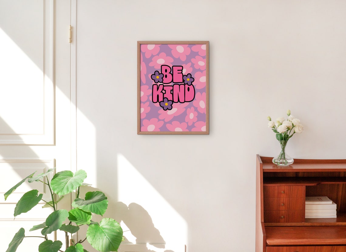 Be Kind Retro Bubble Letter Poster Purple Daisy Floral Wall Decor - Image 2