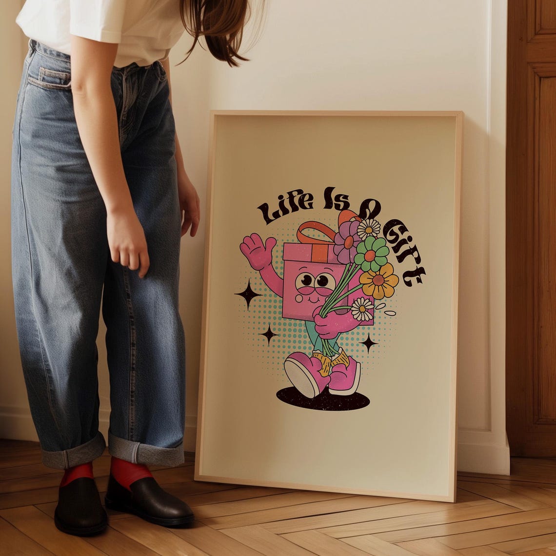 Life Is A Gift Cute Pink Retro Cartoon Gift Box Flowers Poster - Image 2