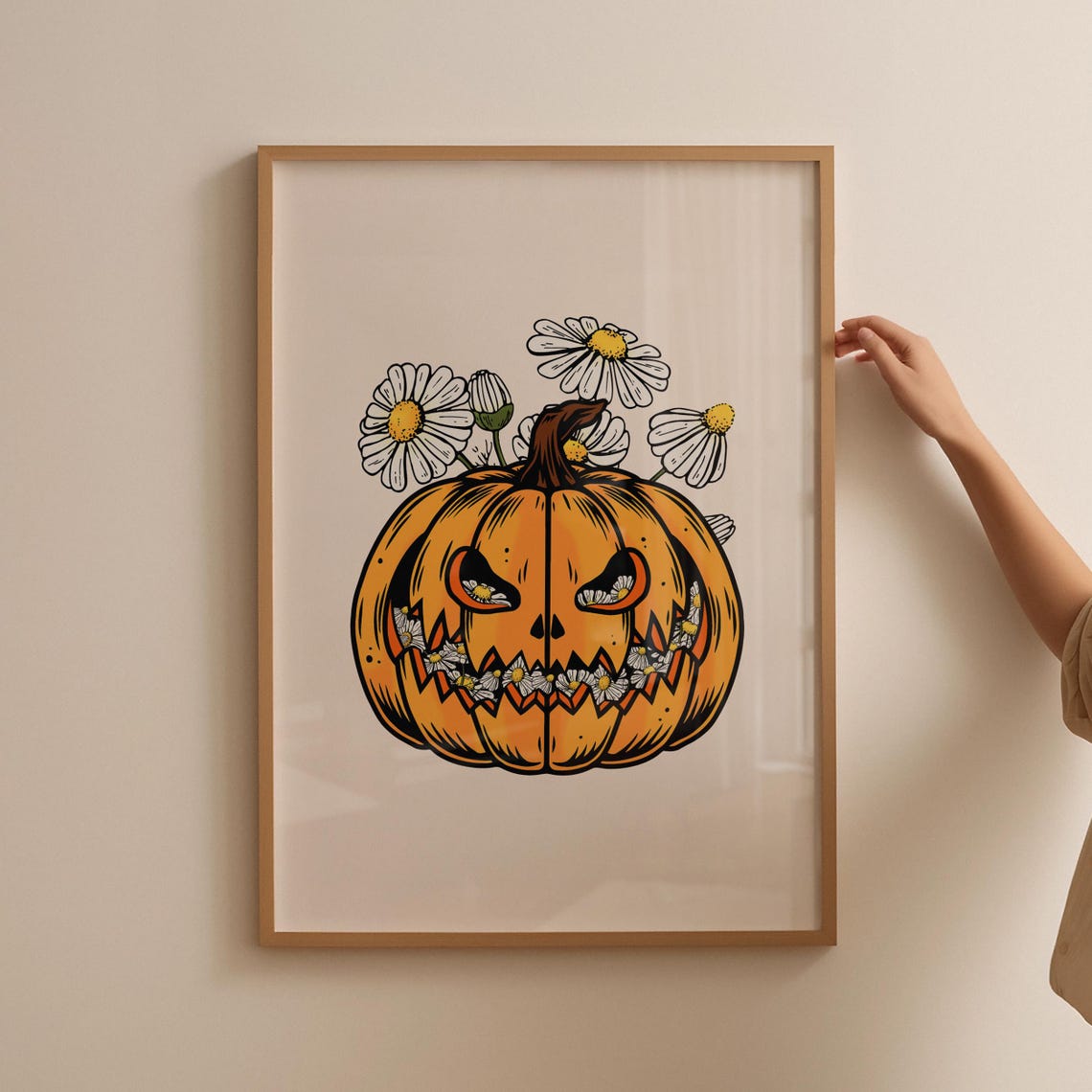 Vintage Jack O Lantern Daisy Pumpkin Fall Retro Halloween Art Poster - Image 3